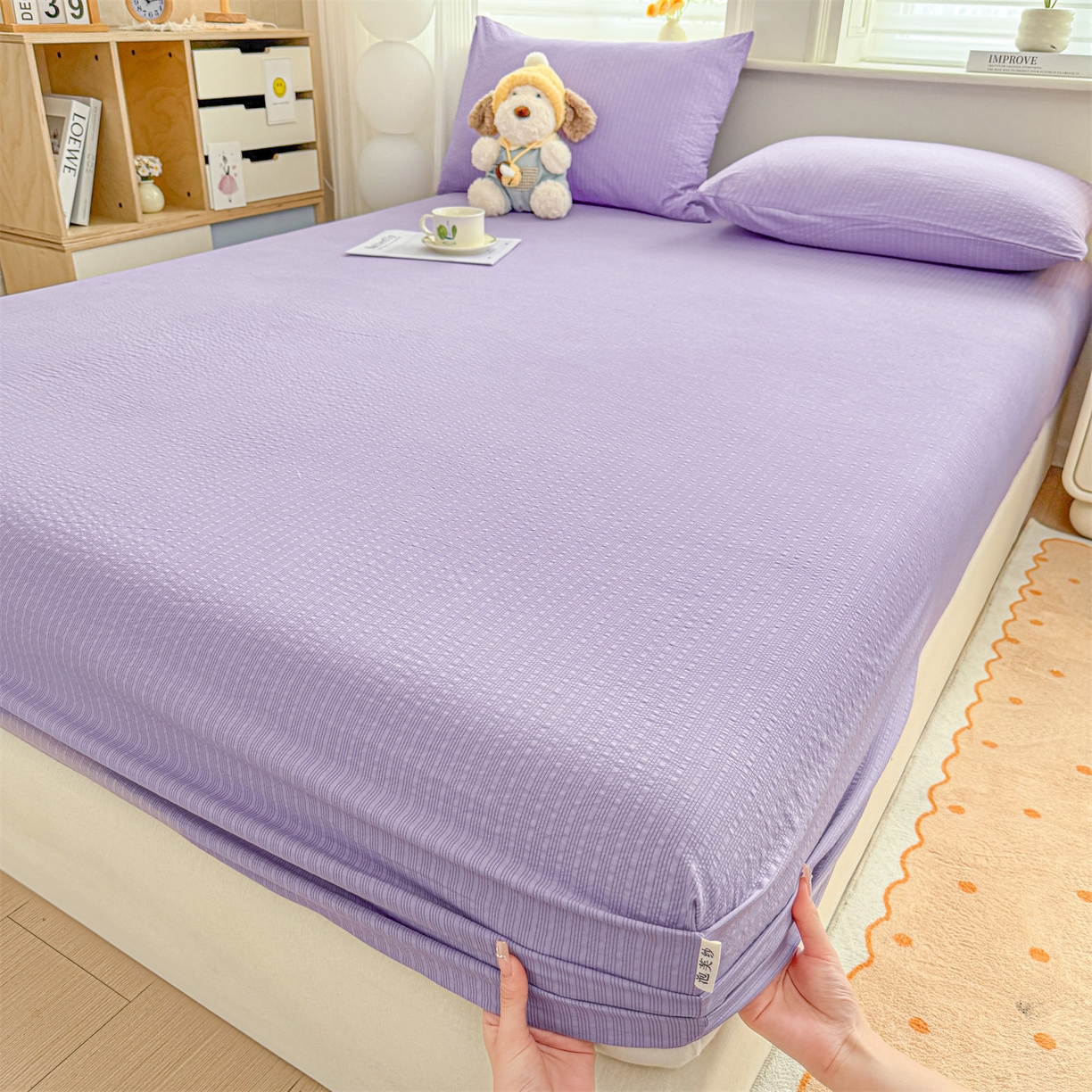 91家纺网 家纺一手货源 找家纺 优眠坊 2026春夏新款泡芙纱印花单床笠 床笠单件 西梅紫-单层