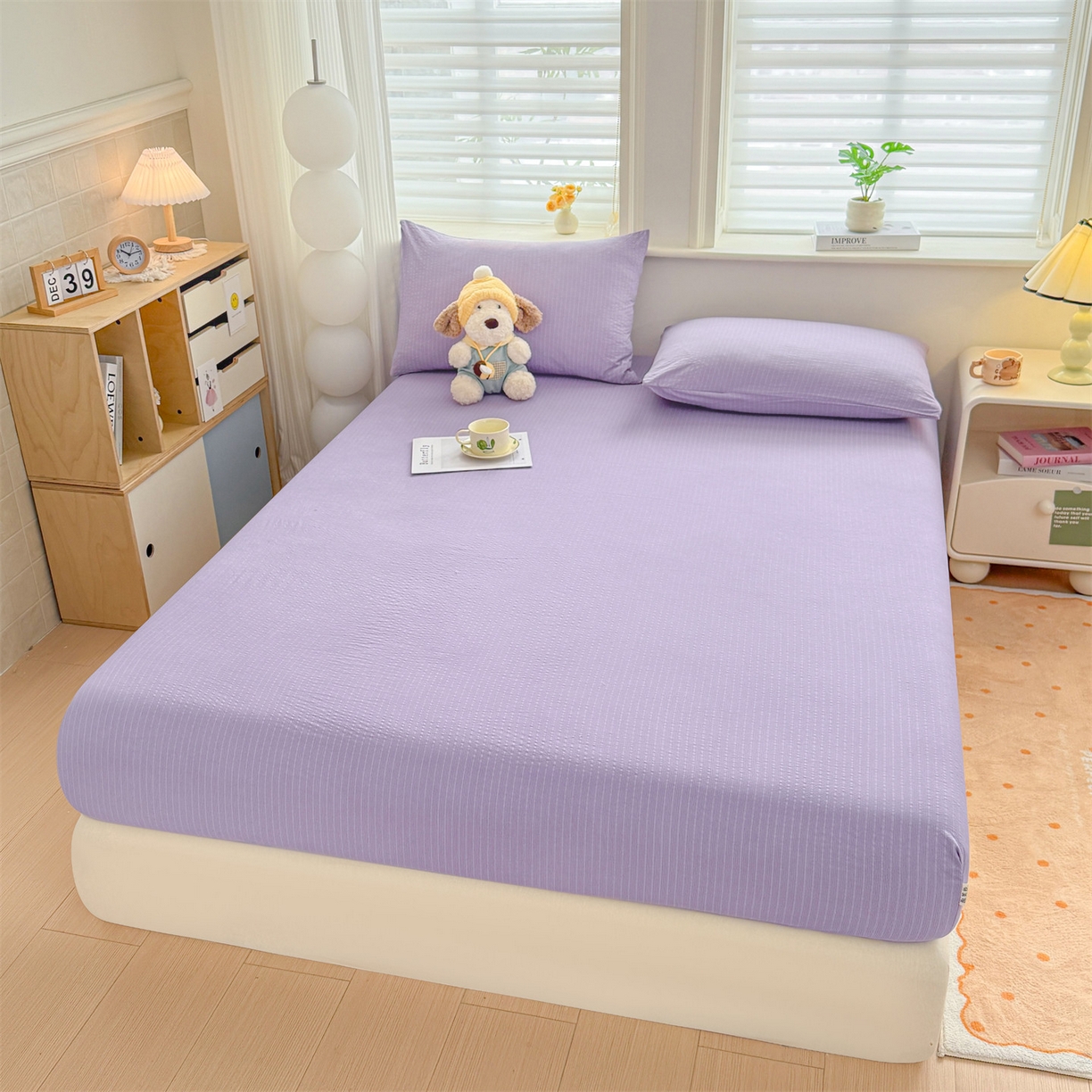 91家纺网 家纺一手货源 找家纺 优眠坊 2026春夏新款泡芙纱印花单床笠 床笠单件 西梅紫-单层