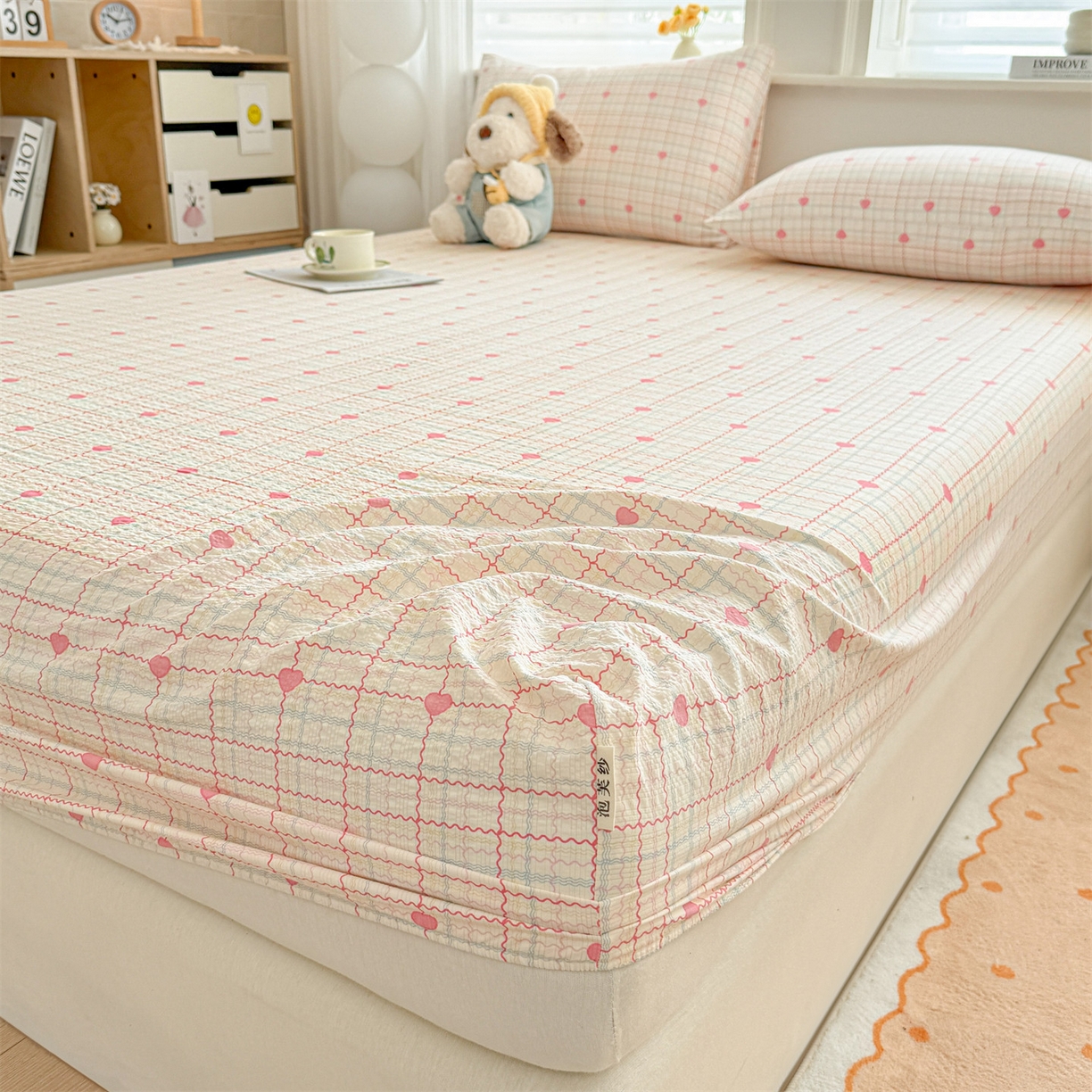 91家纺网 家纺一手货源 找家纺 优眠坊 2026春夏新款泡芙纱印花单床笠 床笠单件 心心相印-单层