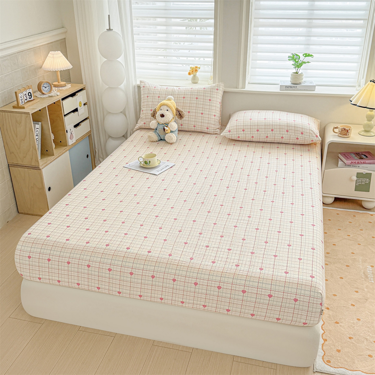 91家纺网 家纺一手货源 找家纺 优眠坊 2026春夏新款泡芙纱印花单床笠 床笠单件 心心相印-单层