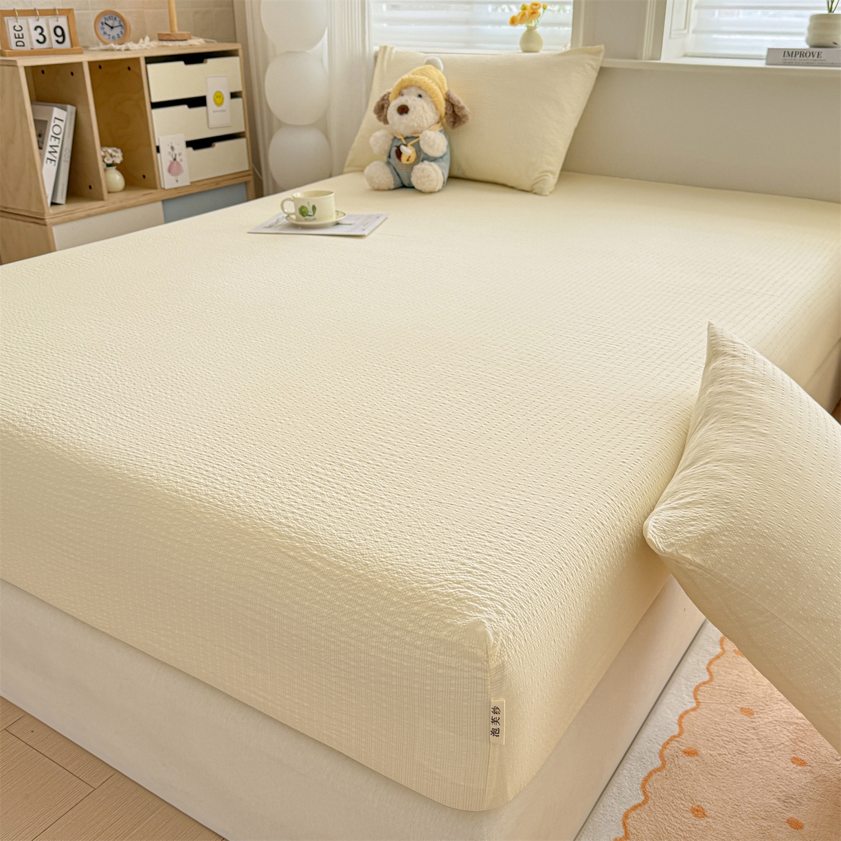 91家纺网 家纺一手货源 找家纺 优眠坊 2026春夏新款泡芙纱印花单床笠 床笠单件 杏仁白-单层