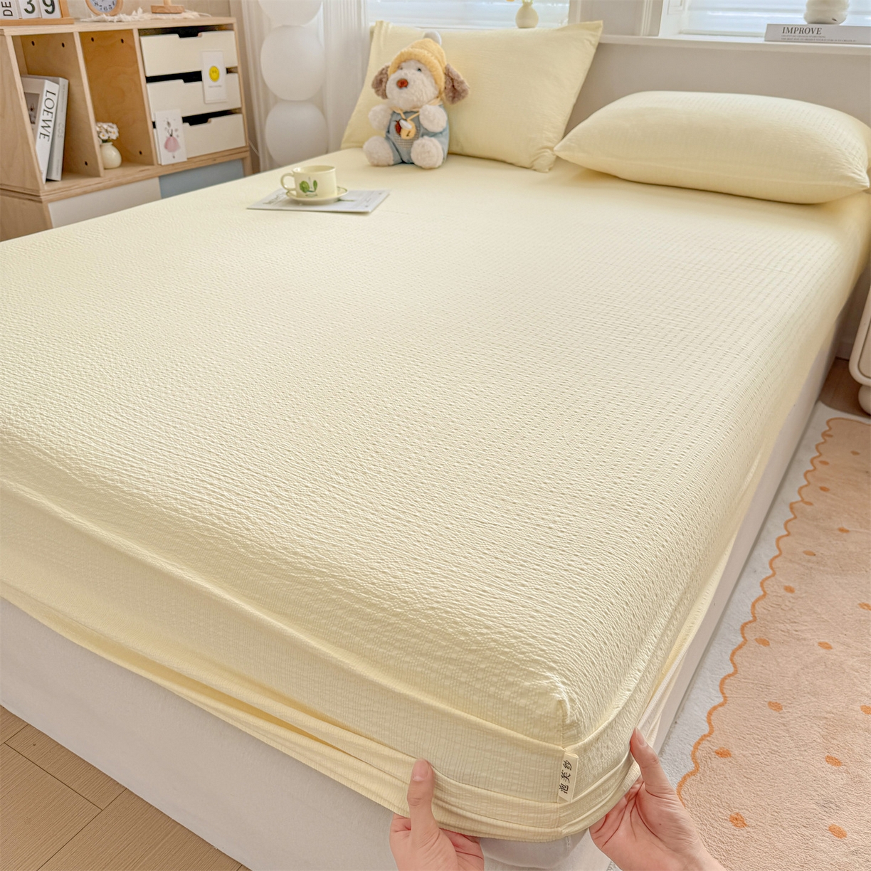 91家纺网 家纺一手货源 找家纺 优眠坊 2026春夏新款泡芙纱印花单床笠 床笠单件 杏仁白-单层