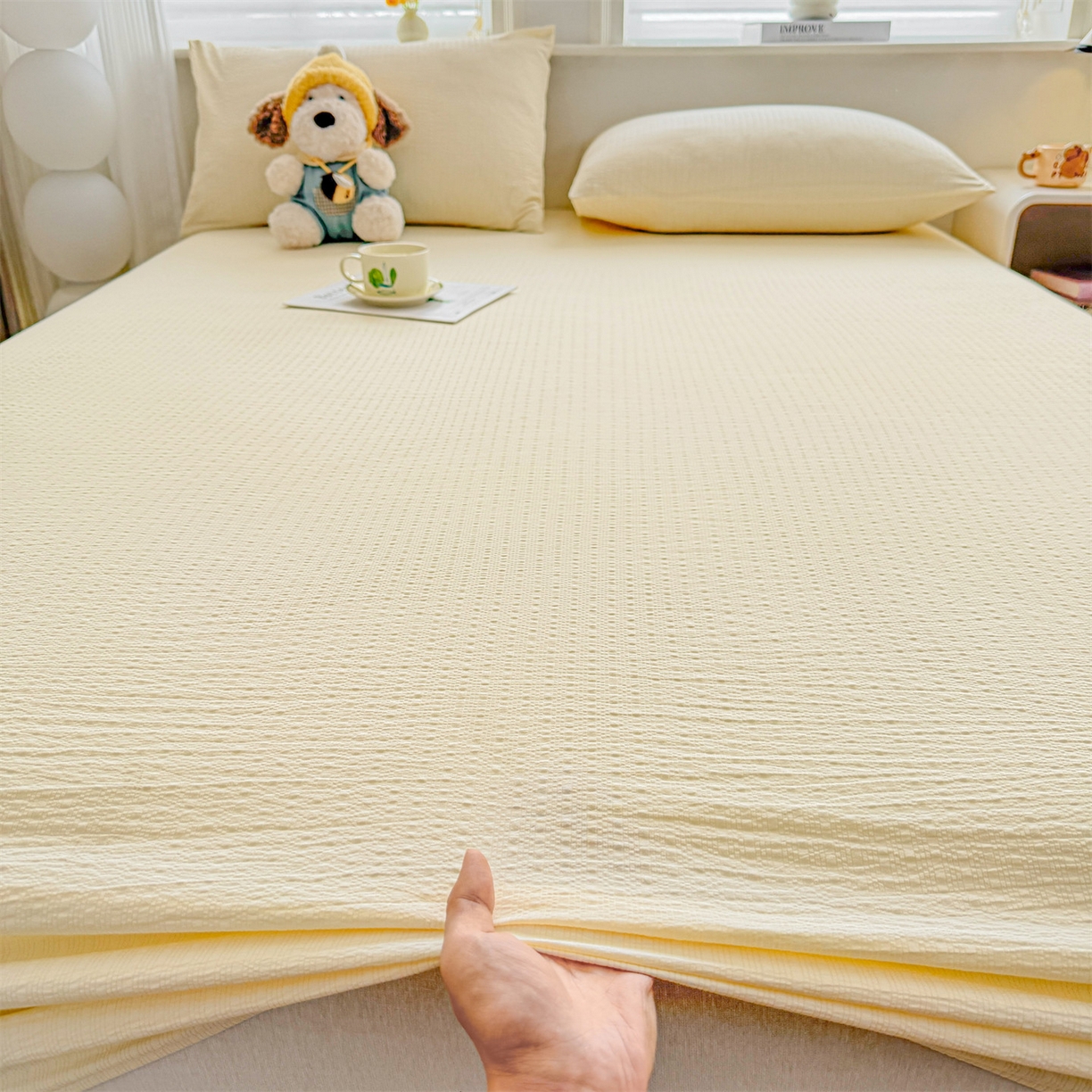 91家纺网 家纺一手货源 找家纺 优眠坊 2026春夏新款泡芙纱印花单床笠 床笠单件 杏仁白-单层