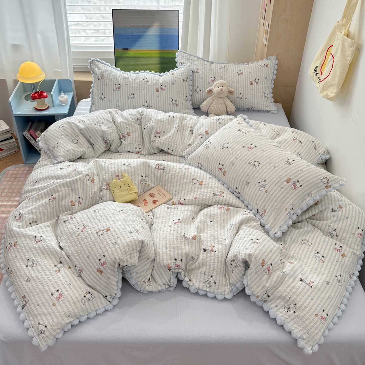 91家纺网 家纺一手货源 找家纺 N先生+V 13814689556 发大图/买家秀 2026新款A类毛球花边泡芙纱四件套 欢乐帕恰