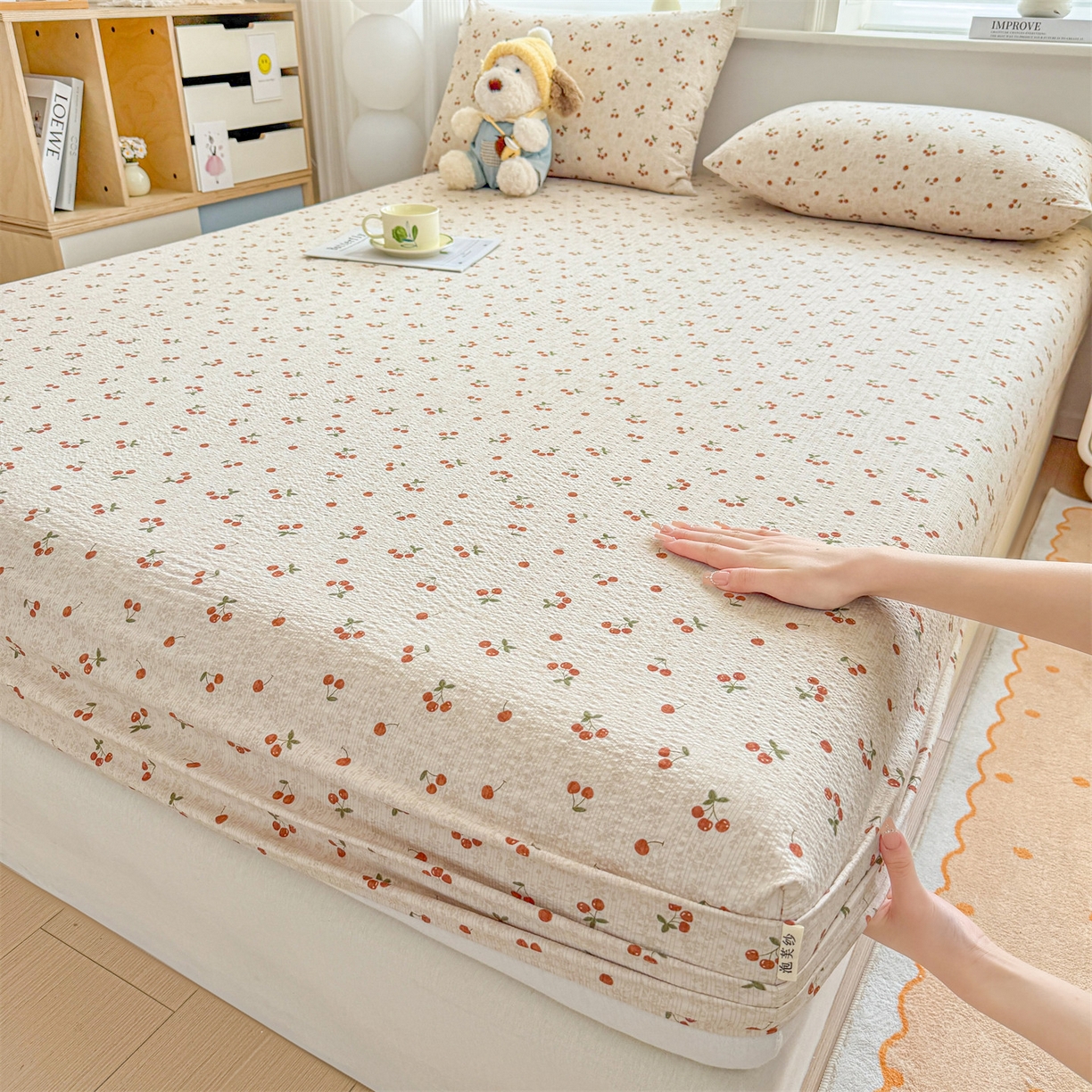 优眠坊 2026春夏新款泡芙纱印花单床笠 床笠单件 樱桃心事-单层