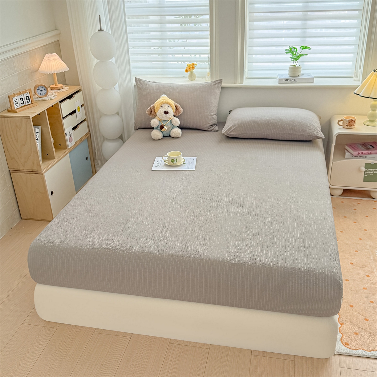 91家纺网 家纺一手货源 找家纺 优眠坊 2026春夏新款泡芙纱印花单床笠 床笠单件 陨石灰-单层