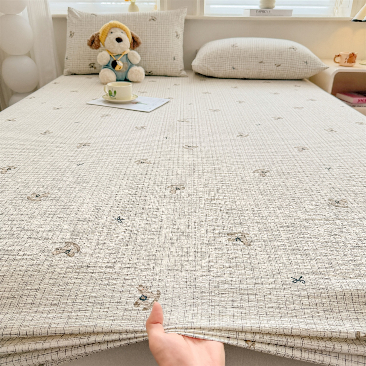 91家纺网 家纺一手货源 找家纺 优眠坊 2026春夏新款泡芙纱印花单床笠 床笠单件 织纹木马-单层