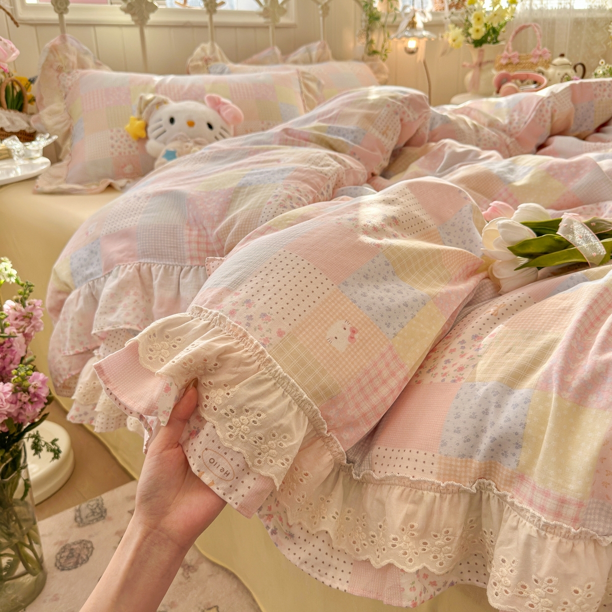 91家纺网 家纺一手货源 找家纺 （总）锦彩家居 2026新款A类全棉双层纱韩式花边款小清新三件套四件套INS小红书博主风-晚茶与夏系列（提供买家秀）