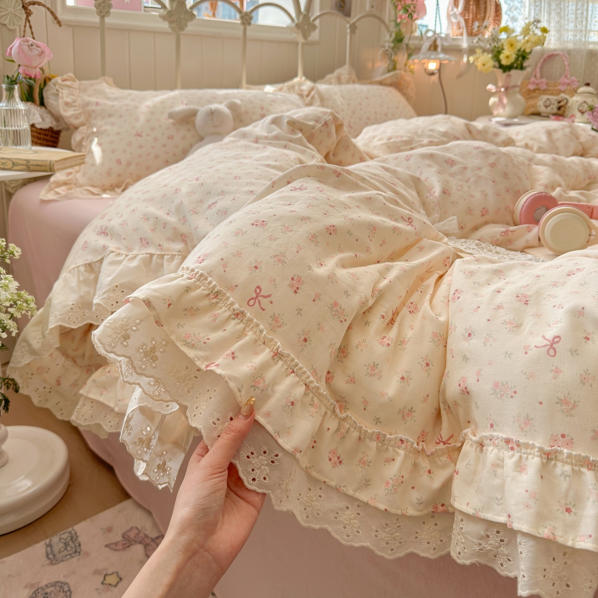 91家纺网 家纺一手货源 找家纺 （总）锦彩家居 2026新款A类全棉双层纱韩式花边款小清新三件套四件套INS小红书博主风-晚茶与夏系列（提供买家秀）