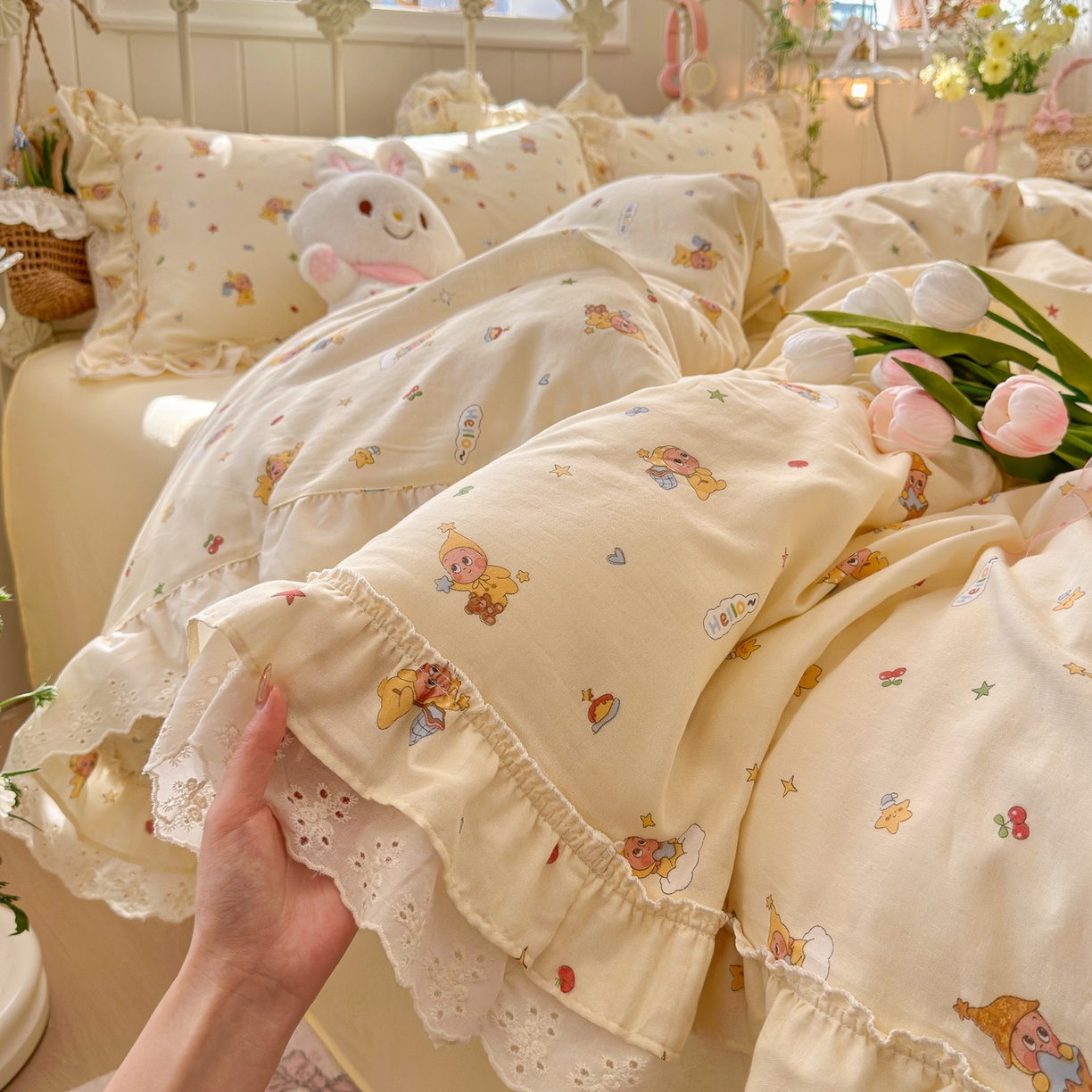 91家纺网 家纺一手货源 找家纺 （总）锦彩家居 2026新款A类全棉双层纱韩式花边款小清新三件套四件套INS小红书博主风-晚茶与夏系列（提供买家秀）