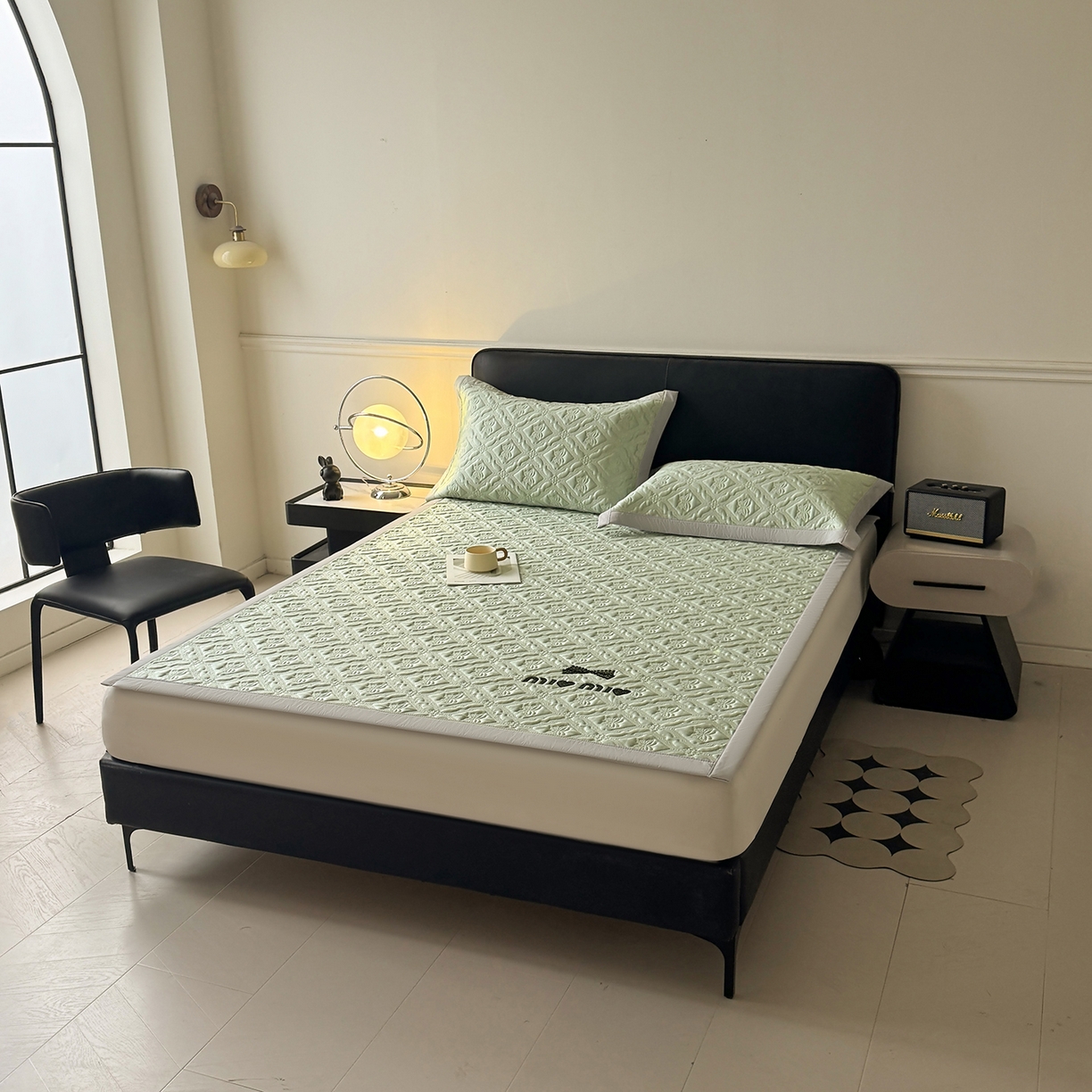 91家纺网 家纺一手货源 找家纺 织雅漫 2026新款刺绣实拍爆款凉豆豆凉席100%PE乙伦绣花可水洗床席席子 蝶韵 冰清绿