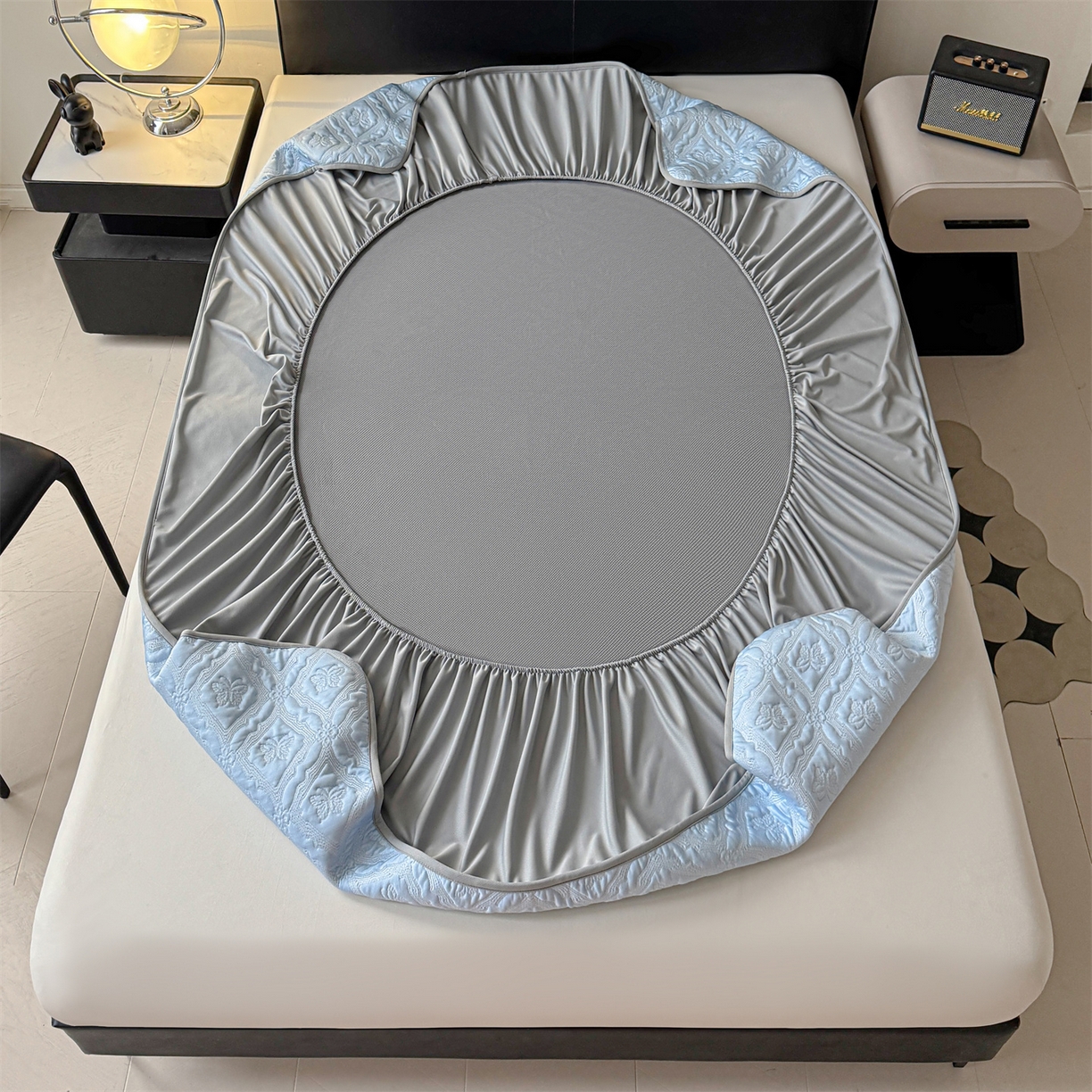 91家纺网 家纺一手货源 找家纺 织雅漫 21026春夏新款绣花凉席席子-床笠款 蝶韵 冰雾蓝-床笠款