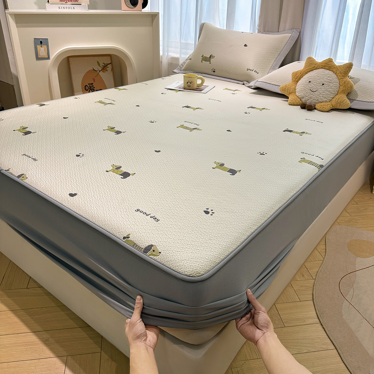 91家纺网 家纺一手货源 找家纺 （总）织雅漫 2026春夏新款卡通乙纶冰豆豆凉席席子-床笠款