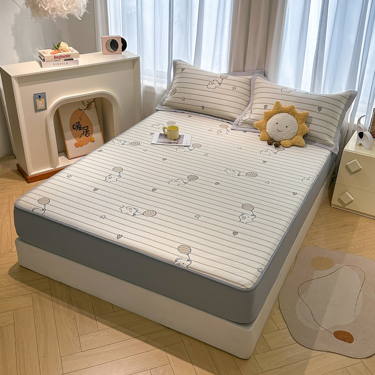 91家纺网 家纺一手货源 找家纺 织雅漫 2026春夏新款卡通乙纶冰豆豆凉席席子-床笠款 条纹小象-床笠款