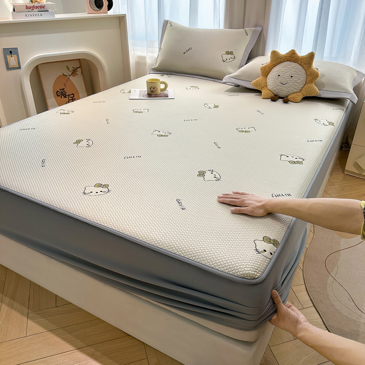 91家纺网 家纺一手货源 找家纺 织雅漫 2026春夏新款卡通乙纶冰豆豆凉席席子-床笠款 梦境KT-床笠款