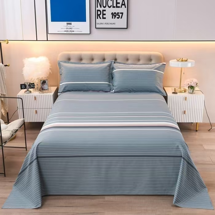 91家纺网 家纺一手货源 找家纺 望淮家纺 2025新款老粗布凉席床单三件套 条纹灰