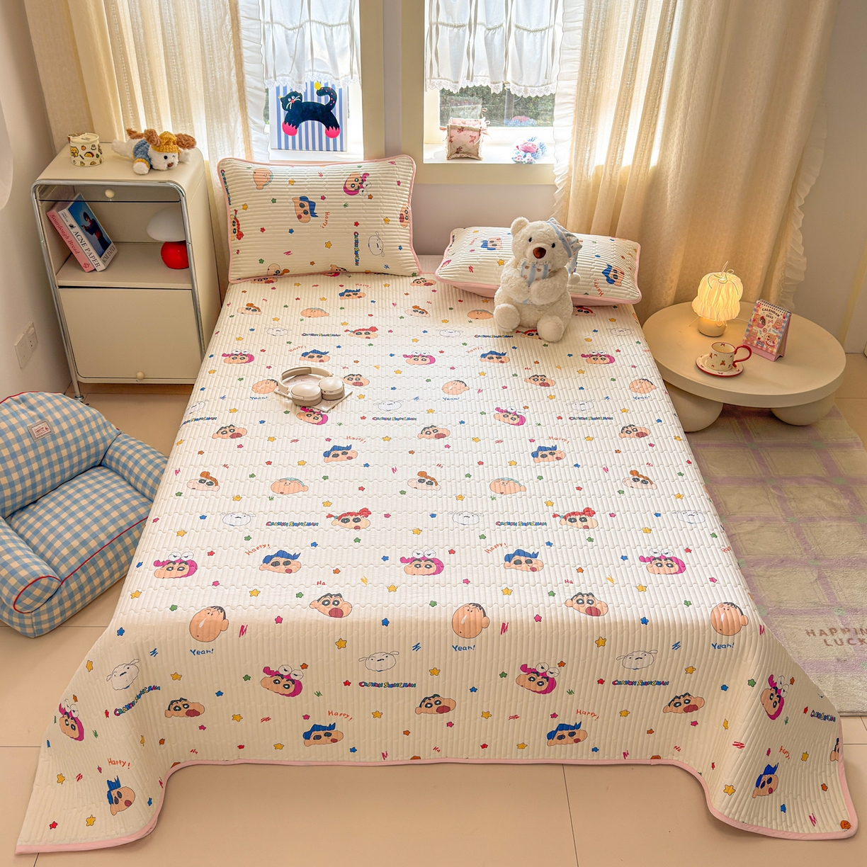 91家纺网 家纺一手货源 找家纺 雅萱家纺 2026新款A面全棉卡通印花蜡笔小新单床盖床盖单件床盖三件套 星星小新