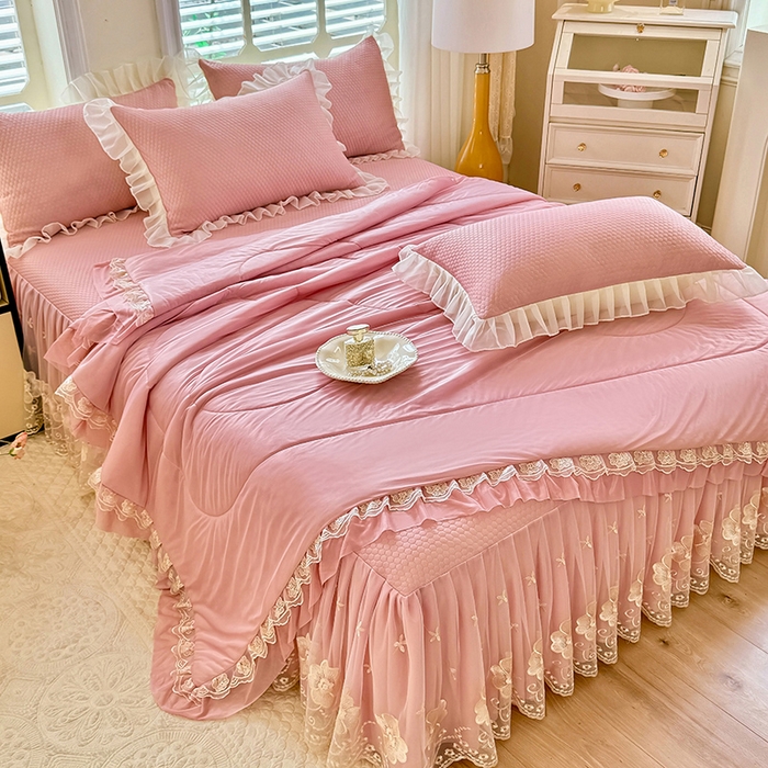 91家纺网 家纺一手货源 找家纺 后庭寝室 2026新款豆豆席乳胶凉席夏被四件套-盛世花开系列 盛世花开-粉色