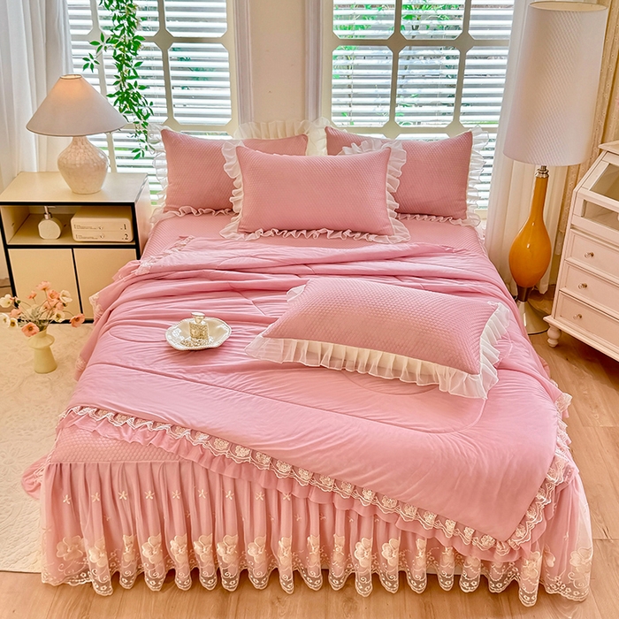 91家纺网 家纺一手货源 找家纺 后庭寝室 2026新款豆豆席乳胶凉席夏被四件套-盛世花开系列 盛世花开-粉色