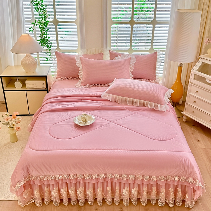 91家纺网 家纺一手货源 找家纺 后庭寝室 2026新款豆豆席乳胶凉席夏被四件套-盛世花开系列 盛世花开-粉色