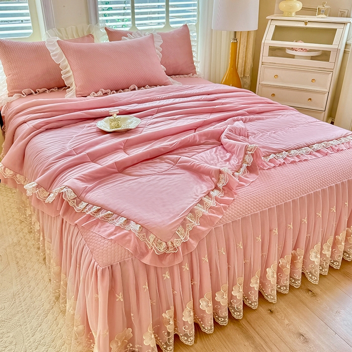 91家纺网 家纺一手货源 找家纺 后庭寝室 2026新款豆豆席乳胶凉席夏被四件套-盛世花开系列 盛世花开-粉色