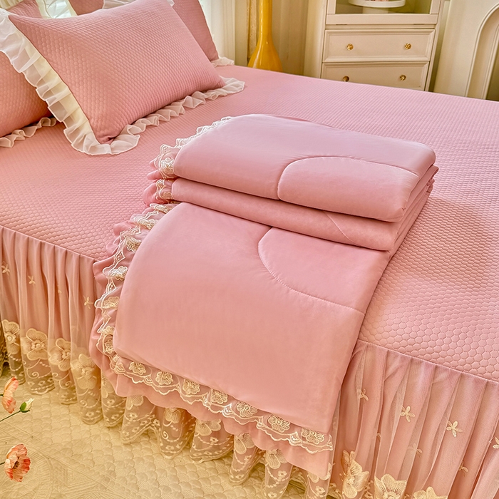 91家纺网 家纺一手货源 找家纺 后庭寝室 2026新款豆豆席乳胶凉席夏被四件套-盛世花开系列 盛世花开-粉色