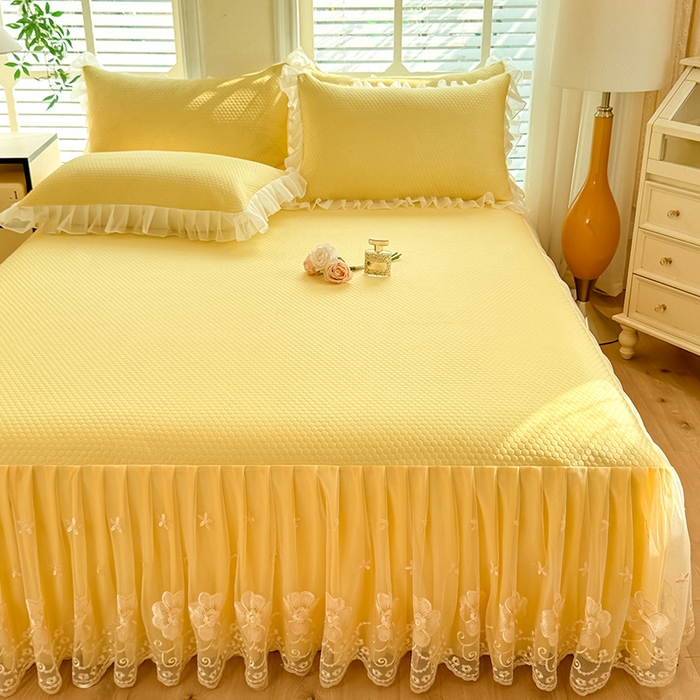 91家纺网 家纺一手货源 找家纺 后庭寝室 2026新款豆豆席乳胶凉席夏被四件套-盛世花开系列 盛世花开-嫩黄