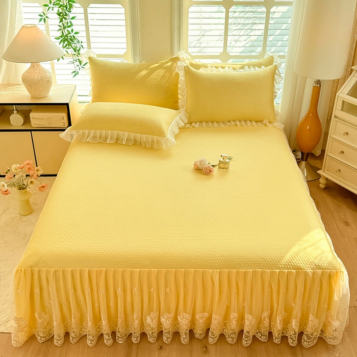 91家纺网 家纺一手货源 找家纺 后庭寝室 2026新款豆豆席乳胶凉席夏被四件套-盛世花开系列 盛世花开-嫩黄