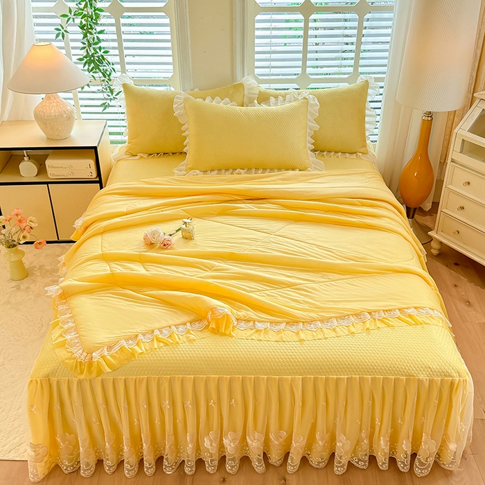 91家纺网 家纺一手货源 找家纺 后庭寝室 2026新款豆豆席乳胶凉席夏被四件套-盛世花开系列 盛世花开-嫩黄