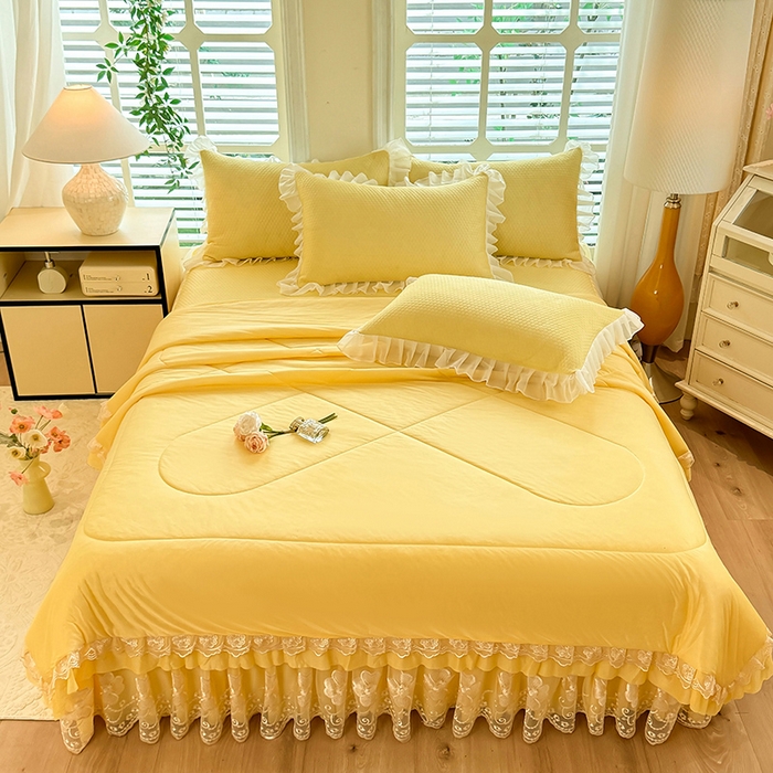 91家纺网 家纺一手货源 找家纺 后庭寝室 2026新款豆豆席乳胶凉席夏被四件套-盛世花开系列 盛世花开-嫩黄