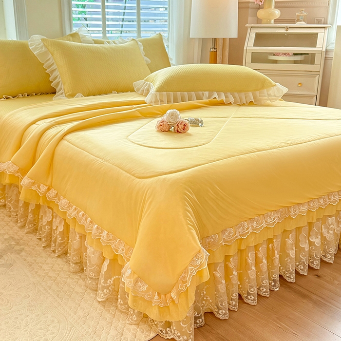 91家纺网 家纺一手货源 找家纺 后庭寝室 2026新款豆豆席乳胶凉席夏被四件套-盛世花开系列 盛世花开-嫩黄