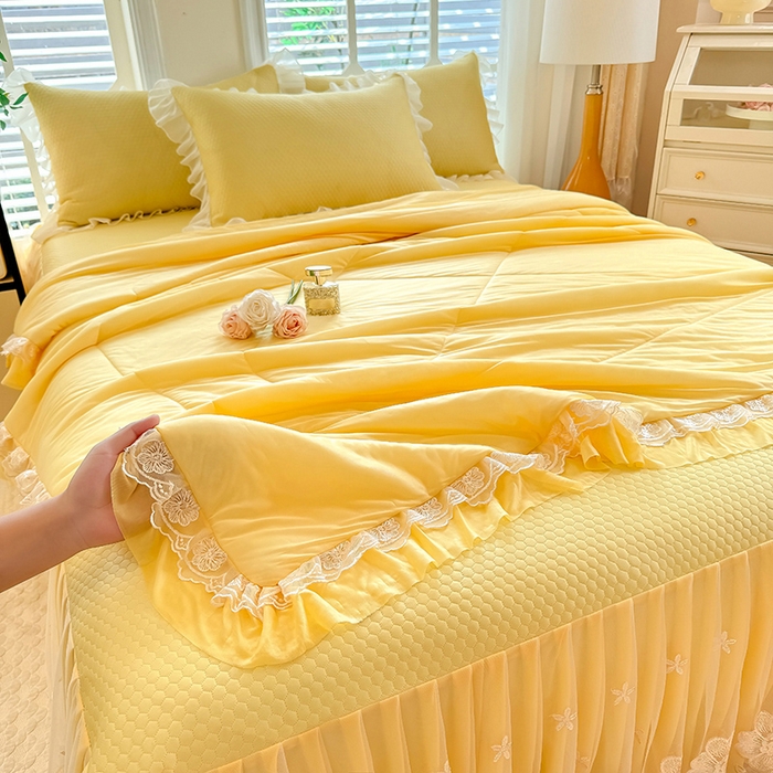 91家纺网 家纺一手货源 找家纺 后庭寝室 2026新款豆豆席乳胶凉席夏被四件套-盛世花开系列 盛世花开-嫩黄