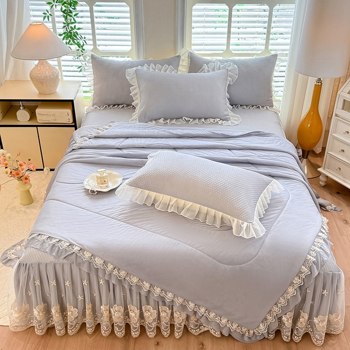 91家纺网 家纺一手货源 找家纺 后庭寝室 2026新款豆豆席乳胶凉席夏被四件套-盛世花开系列 盛世花开-浅灰