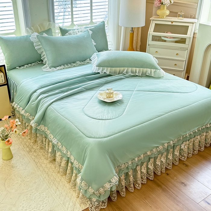 91家纺网 家纺一手货源 找家纺 后庭寝室 2026新款豆豆席乳胶凉席夏被四件套-盛世花开系列 盛世花开-浅蓝