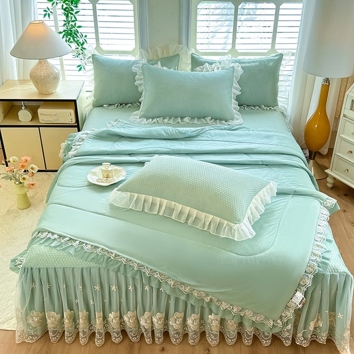 91家纺网 家纺一手货源 找家纺 后庭寝室 2026新款豆豆席乳胶凉席夏被四件套-盛世花开系列 盛世花开-浅蓝