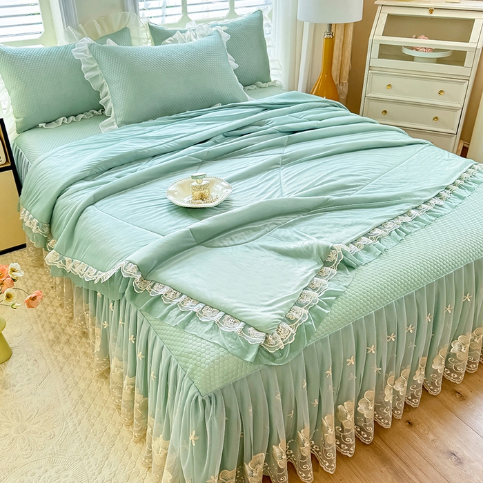 91家纺网 家纺一手货源 找家纺 后庭寝室 2026新款豆豆席乳胶凉席夏被四件套-盛世花开系列 盛世花开-浅蓝