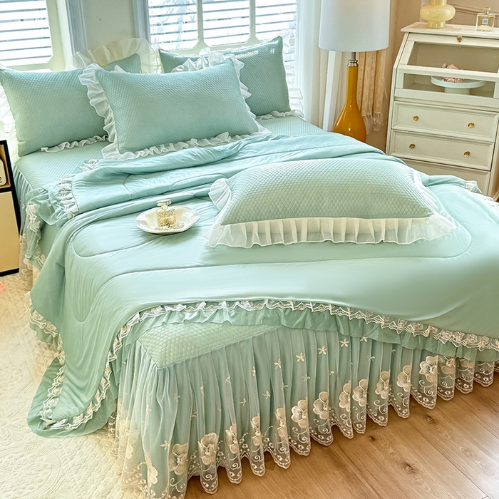 91家纺网 家纺一手货源 找家纺 后庭寝室 2026新款豆豆席乳胶凉席夏被四件套-盛世花开系列 盛世花开-浅蓝