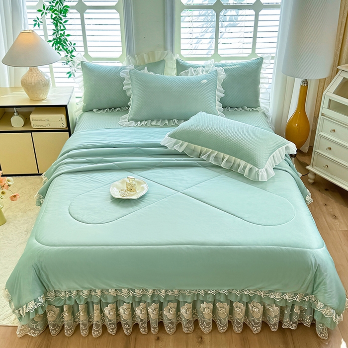 91家纺网 家纺一手货源 找家纺 后庭寝室 2026新款豆豆席乳胶凉席夏被四件套-盛世花开系列 盛世花开-浅蓝