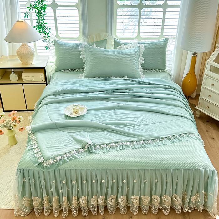 91家纺网 家纺一手货源 找家纺 后庭寝室 2026新款豆豆席乳胶凉席夏被四件套-盛世花开系列 盛世花开-浅蓝