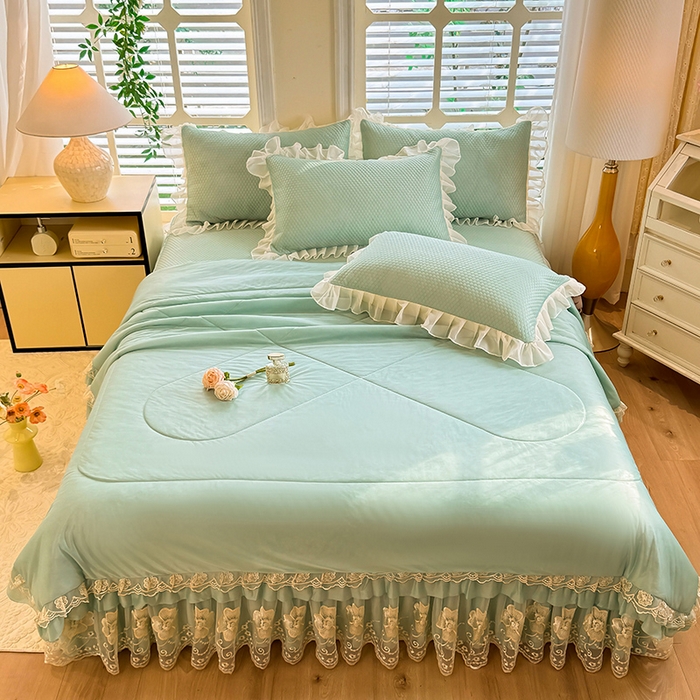 91家纺网 家纺一手货源 找家纺 后庭寝室 2026新款豆豆席乳胶凉席夏被四件套-盛世花开系列 盛世花开-水绿