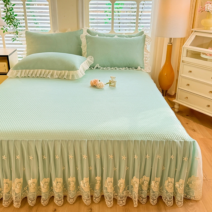 91家纺网 家纺一手货源 找家纺 后庭寝室 2026新款豆豆席乳胶凉席夏被四件套-盛世花开系列 盛世花开-水绿