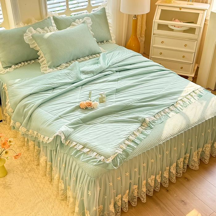 91家纺网 家纺一手货源 找家纺 后庭寝室 2026新款豆豆席乳胶凉席夏被四件套-盛世花开系列 盛世花开-水绿