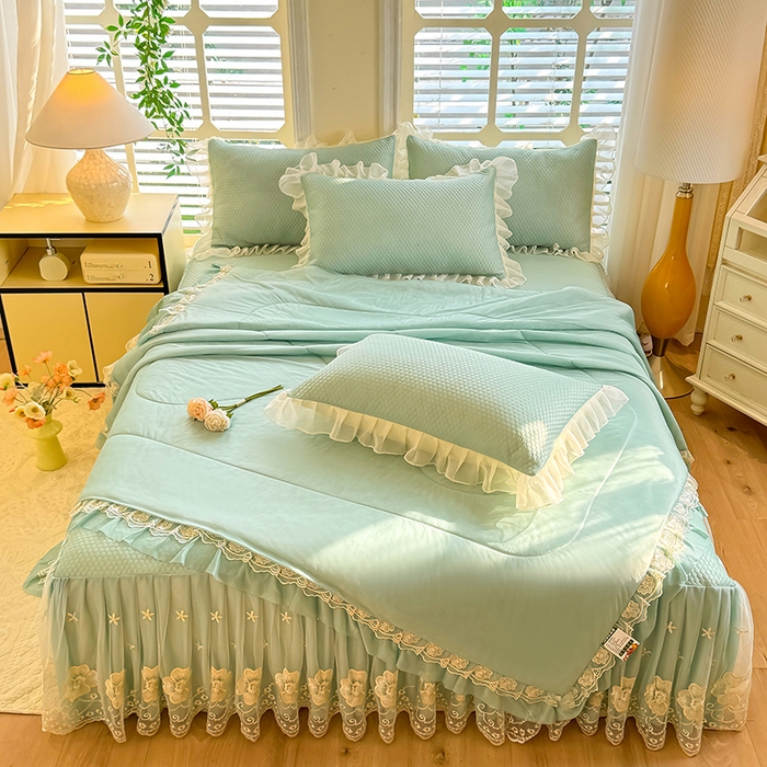 91家纺网 家纺一手货源 找家纺 后庭寝室 2026新款豆豆席乳胶凉席夏被四件套-盛世花开系列 盛世花开-水绿