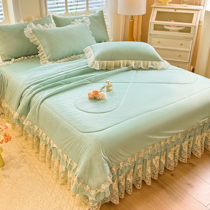 91家纺网 家纺一手货源 找家纺 后庭寝室 2026新款豆豆席乳胶凉席夏被四件套-盛世花开系列 盛世花开-水绿