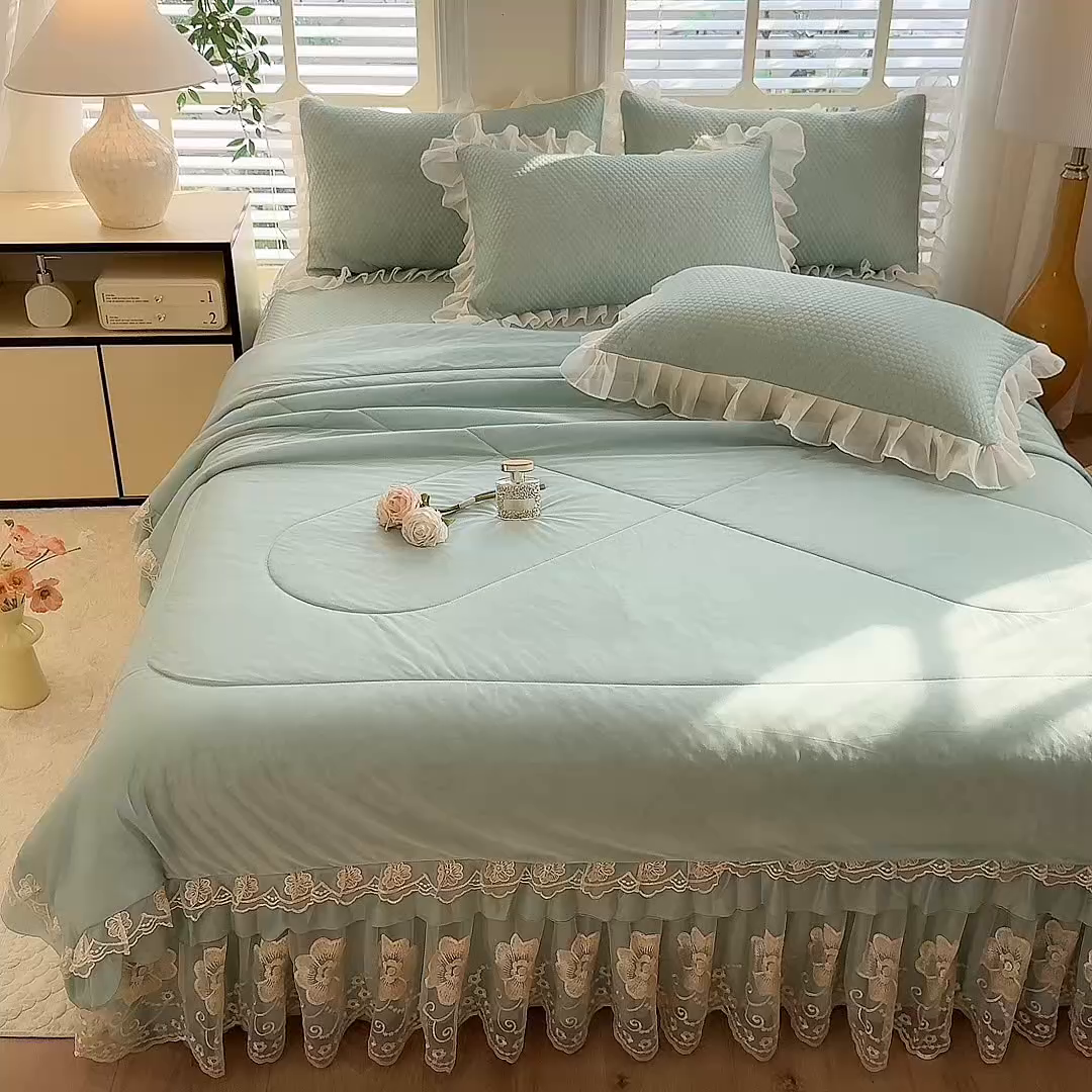 91家纺网 家纺一手货源 找家纺 后庭寝室 2026新款豆豆席乳胶凉席夏被四件套-盛世花开系列 盛世花开-浅蓝