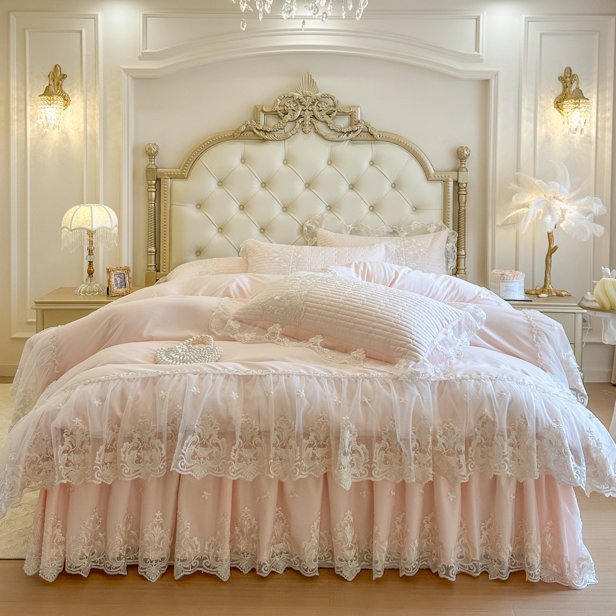 91家纺网 家纺一手货源 找家纺 （总）恋尚 2026新款提花蕾丝夹棉床裙四件套-安妮梦【控价床裙135起 床裙三件170起 四件270起】