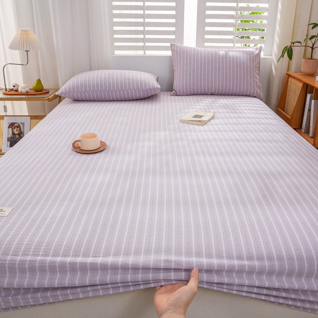 91家纺网 家纺一手货源 找家纺 恋人优选 2026新款纯棉色织床笠--有标款 简希紫条