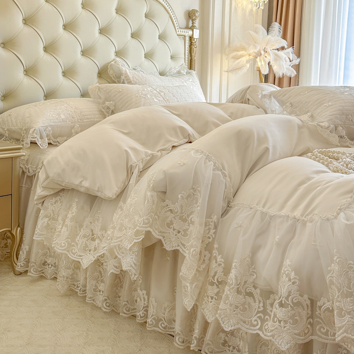 91家纺网 家纺一手货源 找家纺 （总）恋尚 2026新款提花蕾丝夹棉床裙四件套-安妮梦【控价床裙135起 床裙三件170起 四件270起】