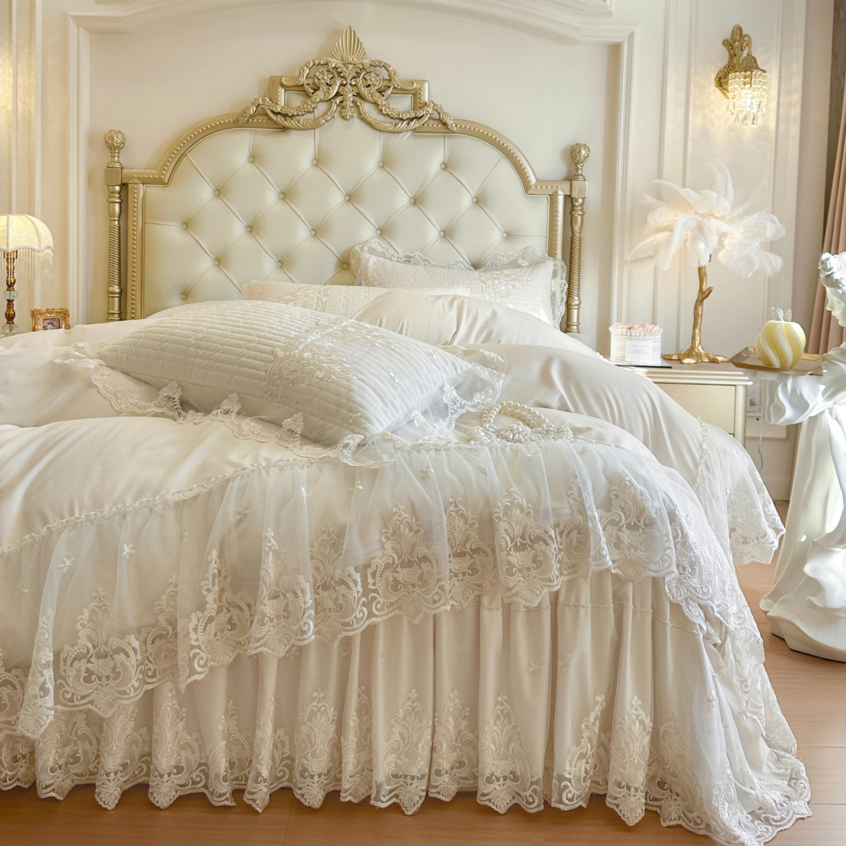 91家纺网 家纺一手货源 找家纺 （总）恋尚 2026新款提花蕾丝夹棉床裙四件套-安妮梦【控价床裙135起 床裙三件170起 四件270起】