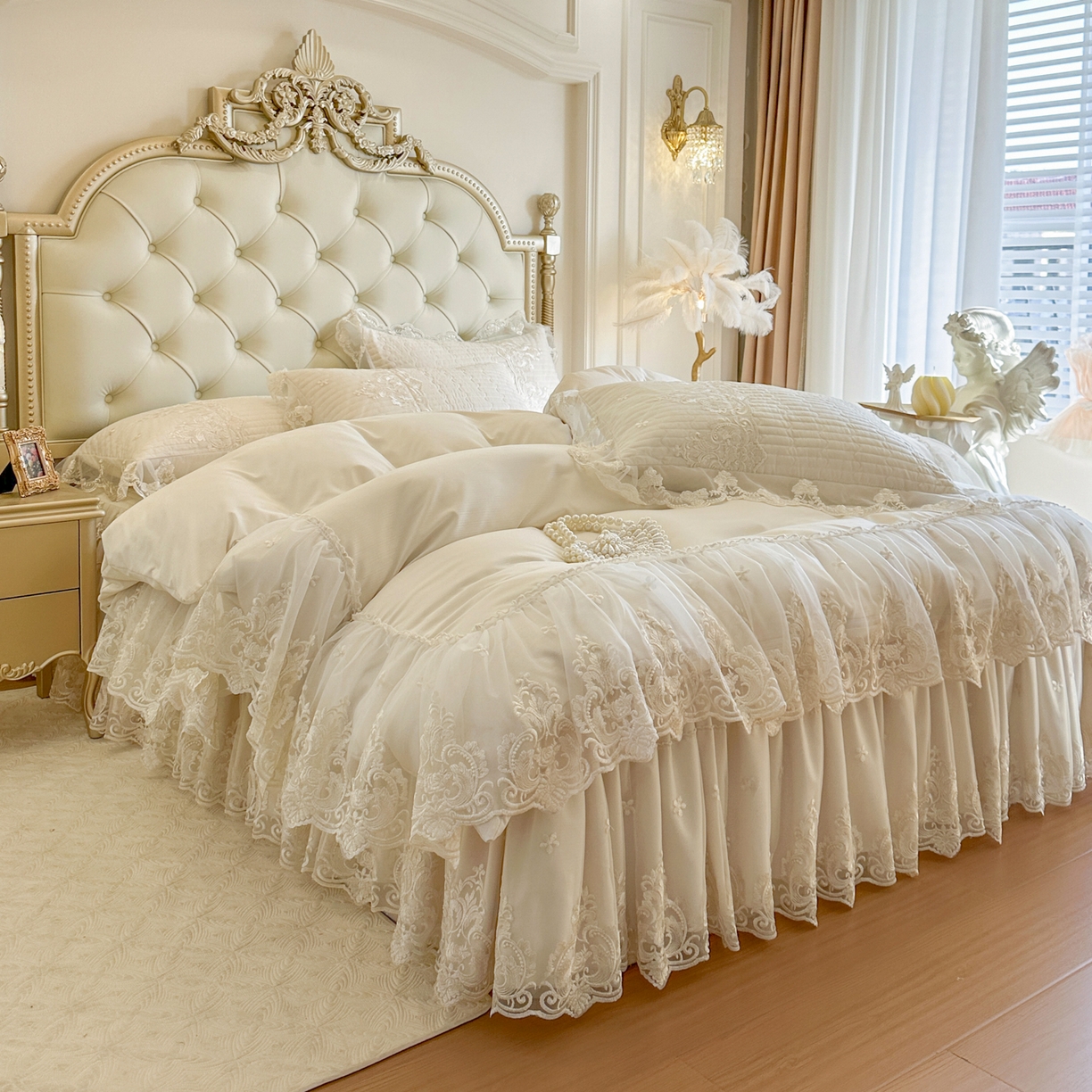 91家纺网 家纺一手货源 找家纺 （总）恋尚 2026新款提花蕾丝夹棉床裙四件套-安妮梦【控价床裙135起 床裙三件170起 四件270起】